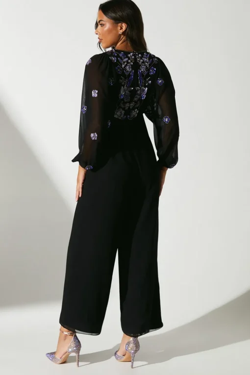 Party Embellished Long Sleeve Batwing Jumpsuit