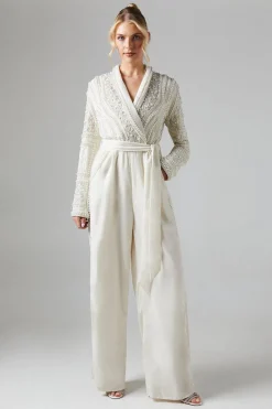 Pearl Embellished Bodice Velvet Bridal Jumpsuit