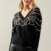 Pearl Embellished V Neck Knitted Jumper