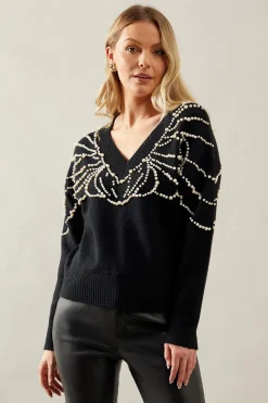 Pearl Embellished V Neck Knitted Jumper