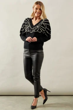 Pearl Embellished V Neck Knitted Jumper