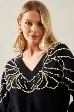 Pearl Embellished V Neck Knitted Jumper