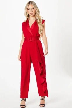 Petite Belted Tuxedo Jumpsuit With Waterfall Ruffle