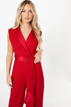 Petite Belted Tuxedo Jumpsuit With Waterfall Ruffle