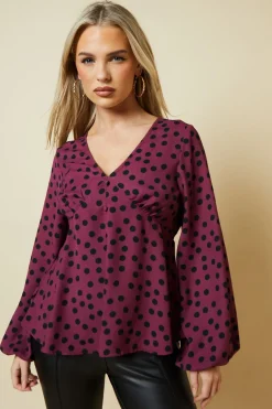 Petite Berry Spot Long Sleeve Button Front Tea Blouse