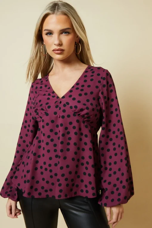Petite Berry Spot Long Sleeve Button Front Tea Blouse