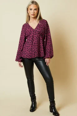 Petite Berry Spot Long Sleeve Button Front Tea Blouse