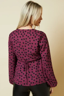 Petite Berry Spot Long Sleeve Button Front Tea Blouse