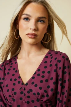 Petite Berry Spot Long Sleeve Button Front Tea Blouse