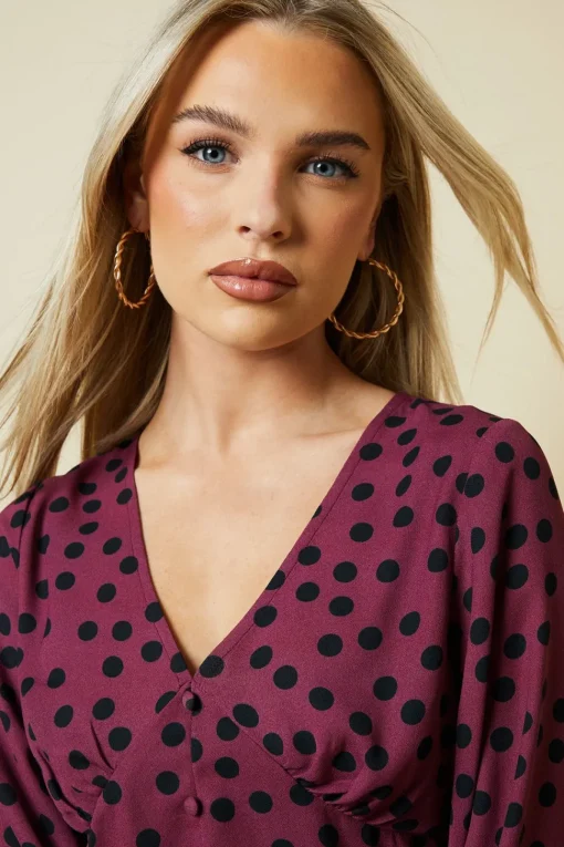 Petite Berry Spot Long Sleeve Button Front Tea Blouse