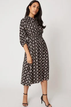 Petite Black Abstract Shirred Waist Shirt Dress
