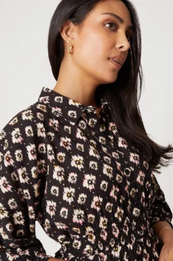Petite Black Abstract Shirred Waist Shirt Dress