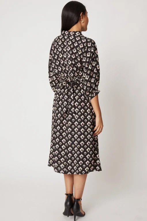 Petite Black Abstract Shirred Waist Shirt Dress