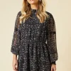 Petite Black Paisley Floral Chiffon Pleated Yoke Mini Dress