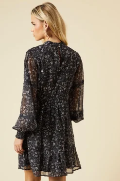 Petite Black Paisley Floral Chiffon Pleated Yoke Mini Dress