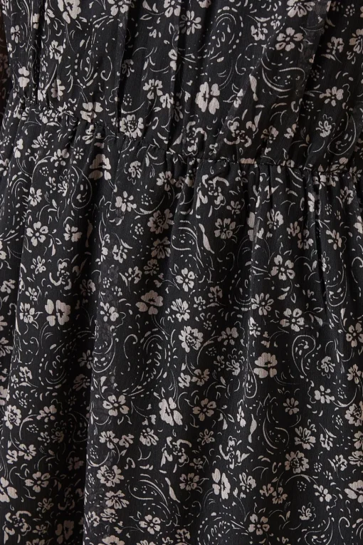 Petite Black Paisley Floral Chiffon Pleated Yoke Mini Dress