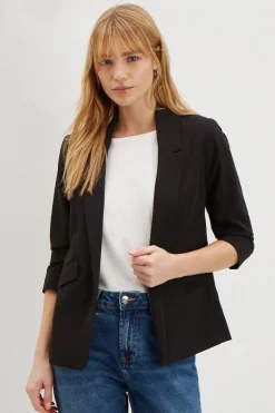 Petite Black Ruched Sleeve Blazer