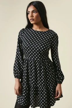 Petite Black Spot Tiered Hem Mini Dress