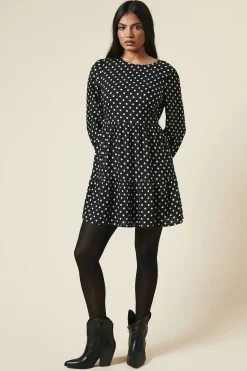 Petite Black Spot Tiered Hem Mini Dress