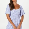 Petite Blue Abstract Shirred Waist Detail Mini Dress