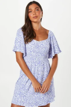 Petite Blue Abstract Shirred Waist Detail Mini Dress