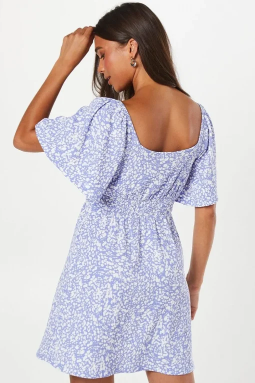 Petite Blue Abstract Shirred Waist Detail Mini Dress