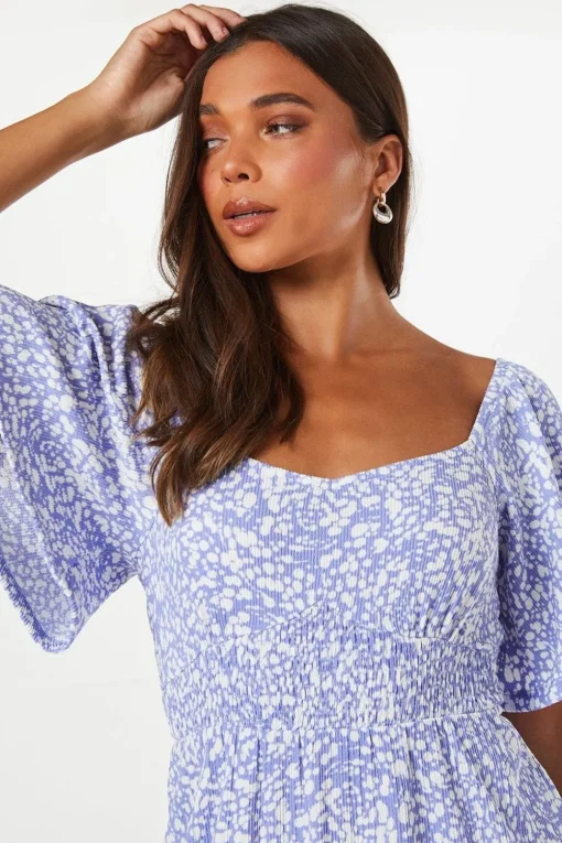 Petite Blue Abstract Shirred Waist Detail Mini Dress