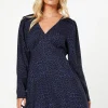 Petite Blue Animal Shirred Shoulder Empire Long Sleeve Mini Dress
