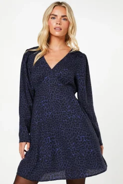 Petite Blue Animal Shirred Shoulder Empire Long Sleeve Mini Dress