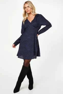 Petite Blue Animal Shirred Shoulder Empire Long Sleeve Mini Dress