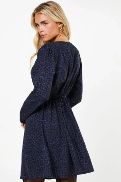 Petite Blue Animal Shirred Shoulder Empire Long Sleeve Mini Dress