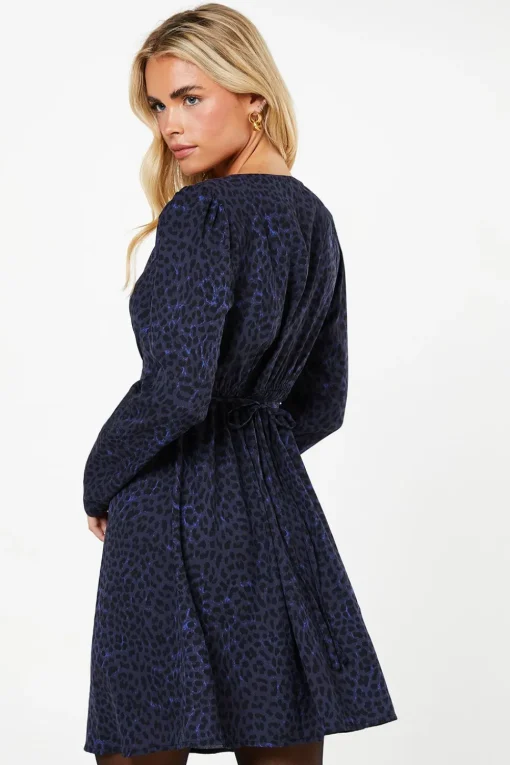 Petite Blue Animal Shirred Shoulder Empire Long Sleeve Mini Dress