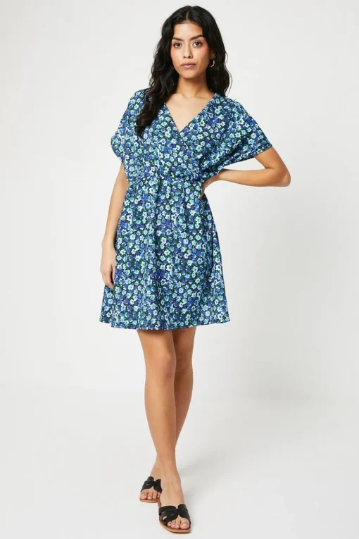 Petite Blue Ditsy Elasticated Waist Mini Dress