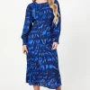 Petite Blue Zebra Shirred Hem Long Sleeve Blouse