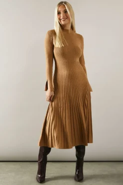 Petite Button Cuff Detail High Neck Pleated Knitted Midaxi Dress