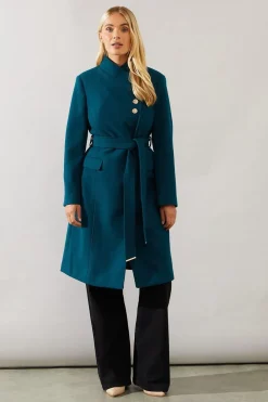 Petite Button Detail Belted Wrap Coat