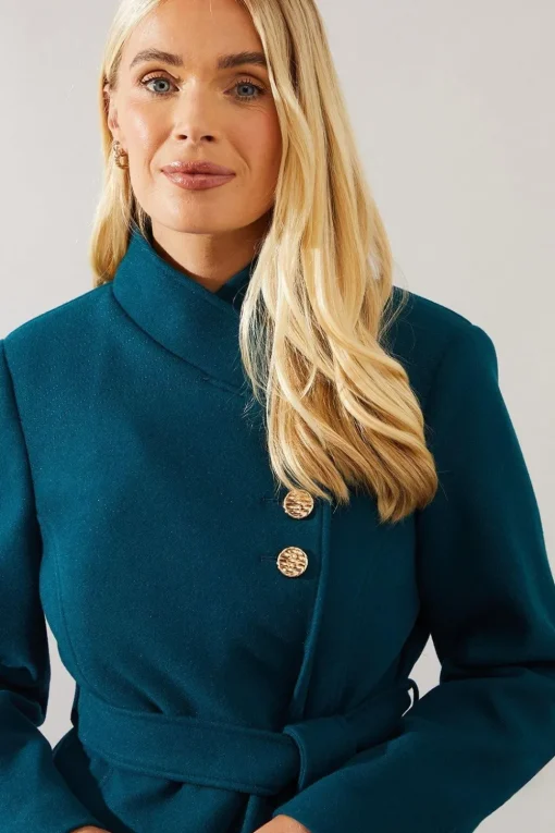 Petite Button Detail Belted Wrap Coat