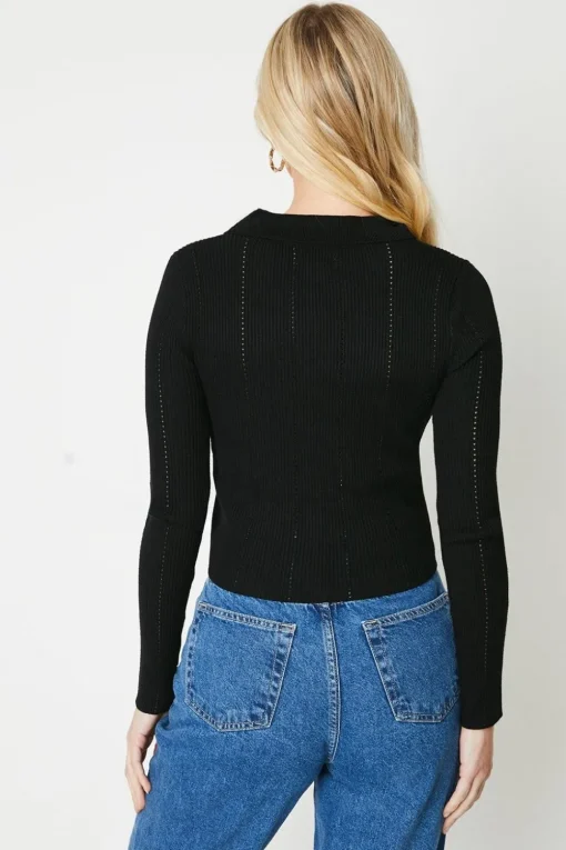 Petite Button Through Knitted Polo Top