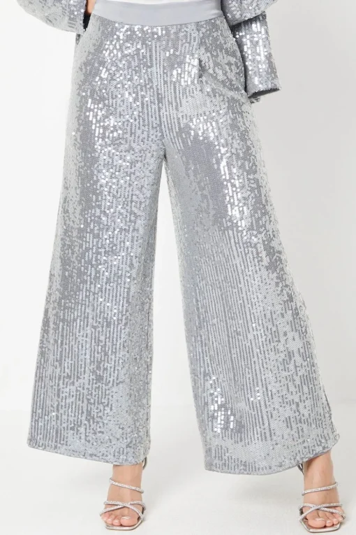 Petite Clear Sequin Wide Leg Trousers