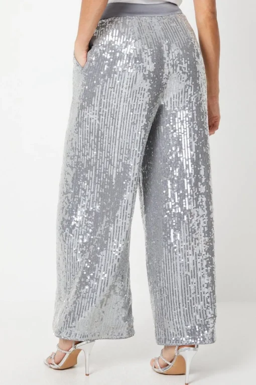 Petite Clear Sequin Wide Leg Trousers