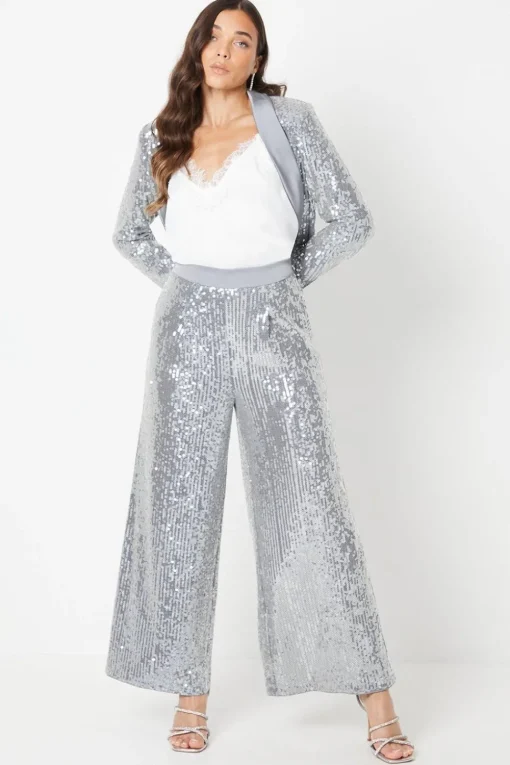 Petite Clear Sequin Wide Leg Trousers