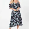 Petite Cold Shoulder Chiffon Wrap Midi Dress