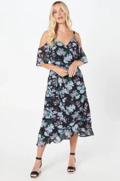 Petite Cold Shoulder Chiffon Wrap Midi Dress