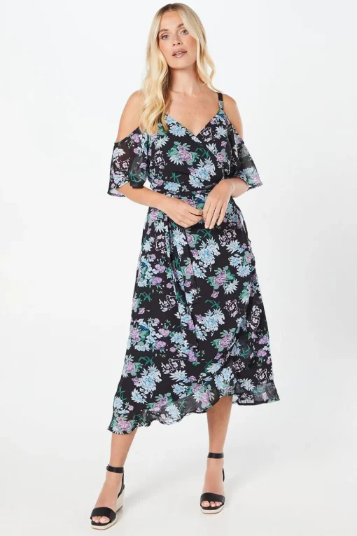 Petite Cold Shoulder Chiffon Wrap Midi Dress