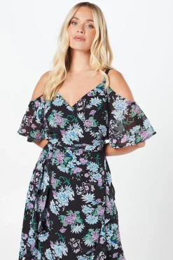 Petite Cold Shoulder Chiffon Wrap Midi Dress