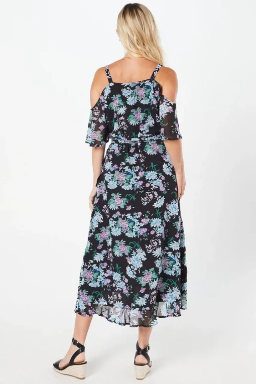 Petite Cold Shoulder Chiffon Wrap Midi Dress