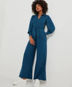 PETITE Collared Straight Leg Jersey Jumpsuit