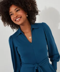 PETITE Collared Straight Leg Jersey Jumpsuit