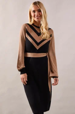 Petite Colour Block Belted Knitted Midi Dress