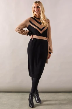 Petite Colour Block Belted Knitted Midi Dress